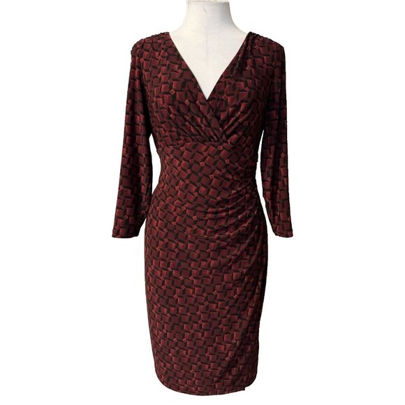 Ralph Lauren Dress 12 Black Red Plum 3/4 Long Sleeve Stretch Sheath Washable NEW - Picture 1 of 12